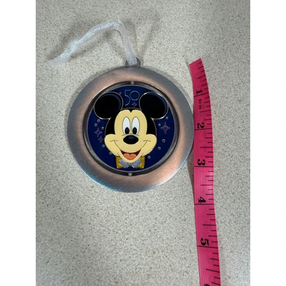 Disney World 50th Anniversary Mickey Mouse Spinning Metal Ornament Silver Blue